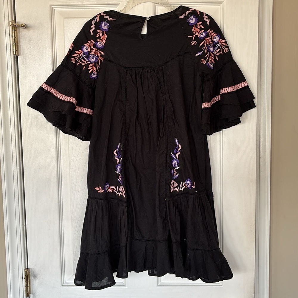 Free People Black Boho Ruffle Pavlo Mini Dress Orange Purple Floral Embroidery - Picture 13 of 16